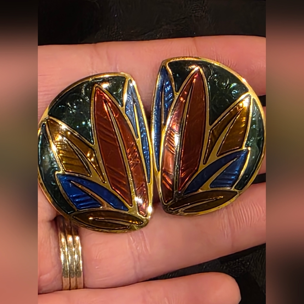 Vintage Berebi Pierced Earrings Vivid Multicolored Enamel Leaf Design